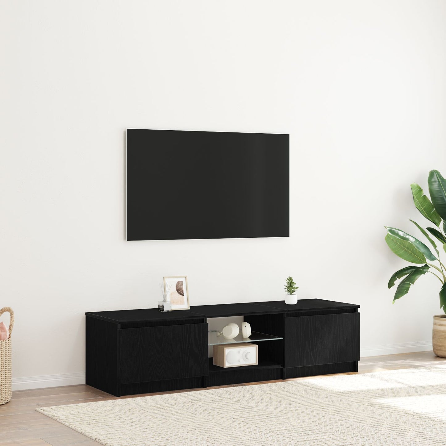 TV-benk med LED-lamper i svart eik - 140 x 40 x 35,5 cm - laget av konstruert tre