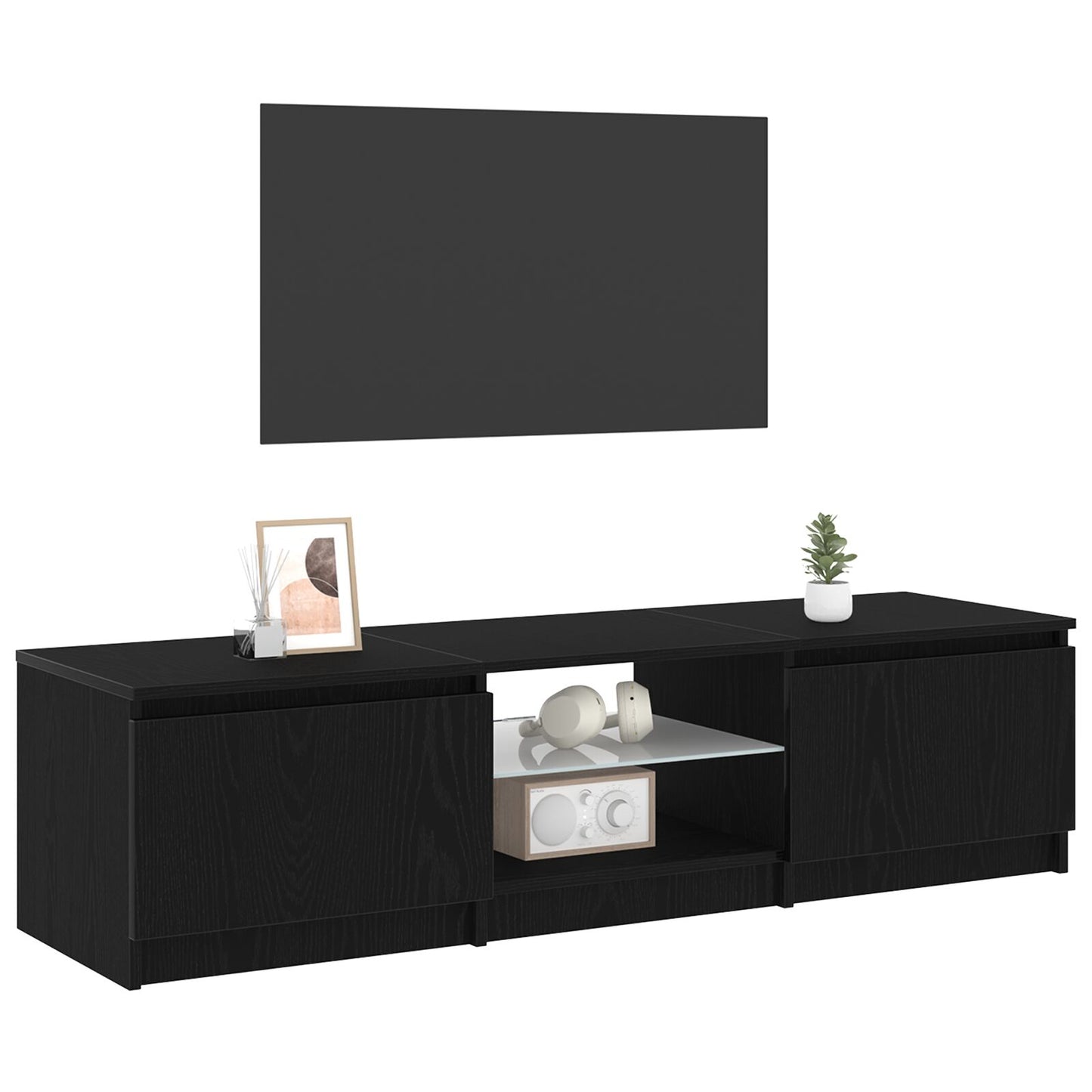 TV-benk med LED-lamper i svart eik - 140 x 40 x 35,5 cm - laget av konstruert tre