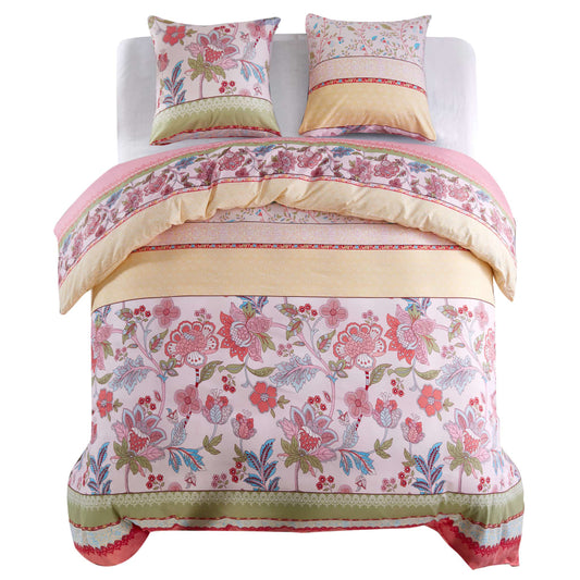 Sengetrekk blomster/stripet rosa 200x220/80x80 cm