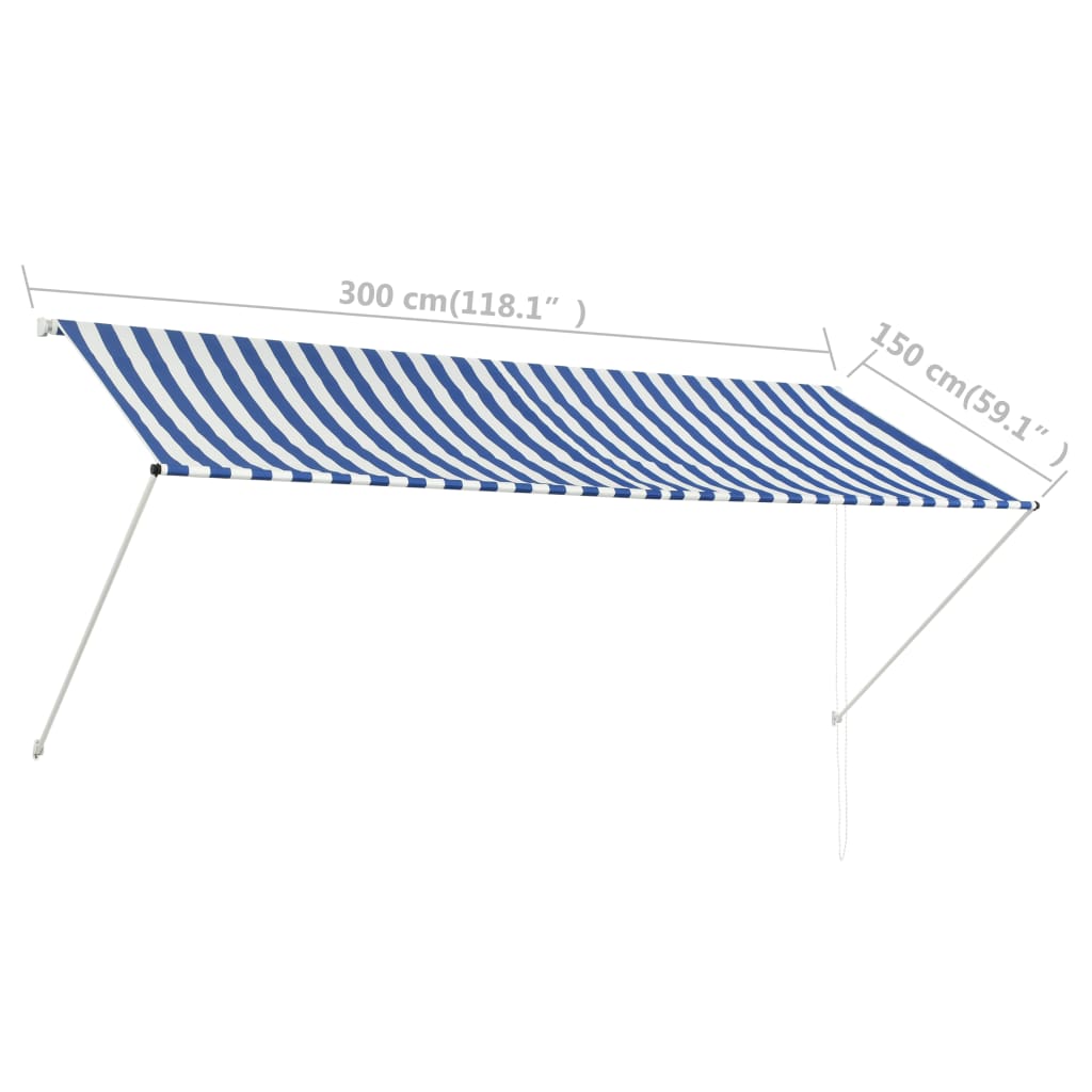 Uttrekkbar markise 300x150 cm blå og hvit