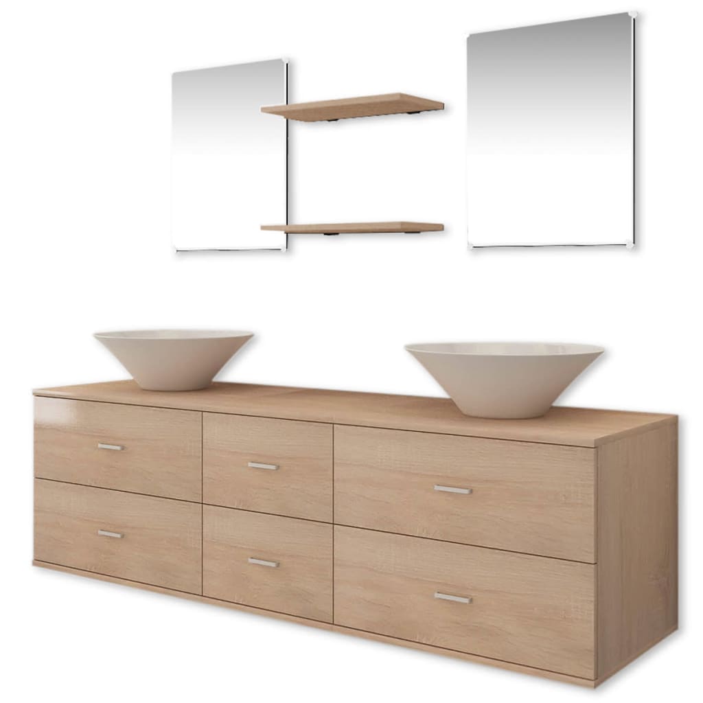 9 Stk Baderomsmøbelsett med Servant med Kran Beige