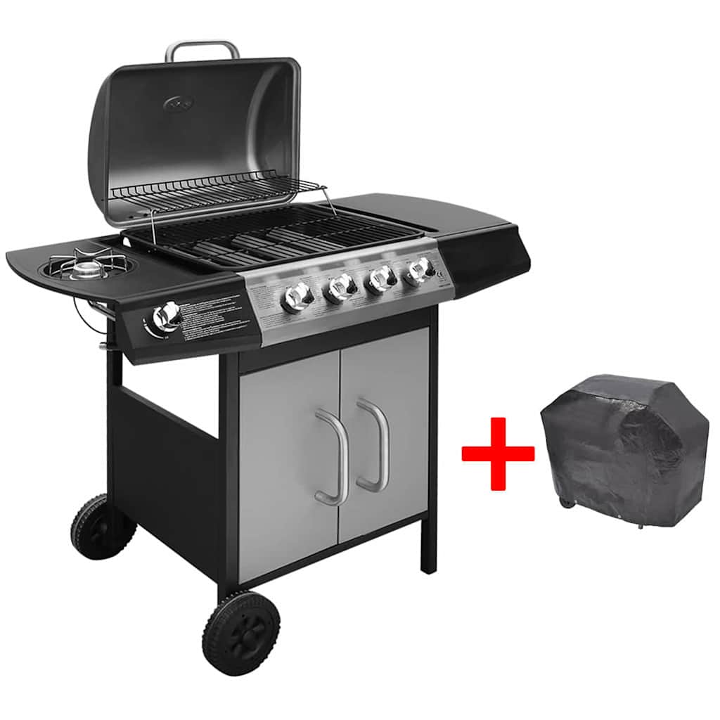 Gassgrill 4+1 kokesone svart og sølv