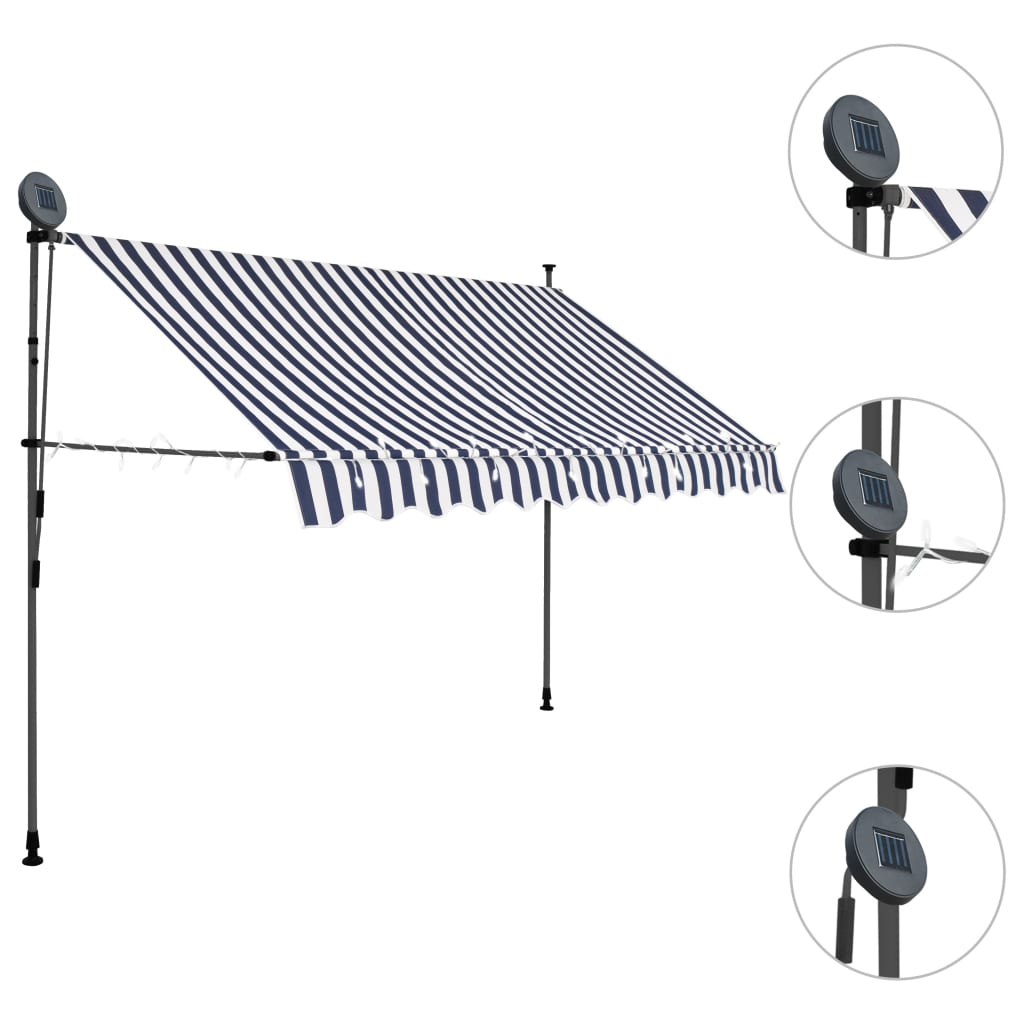 Manual retractable awning with LED 300 cm blue and white