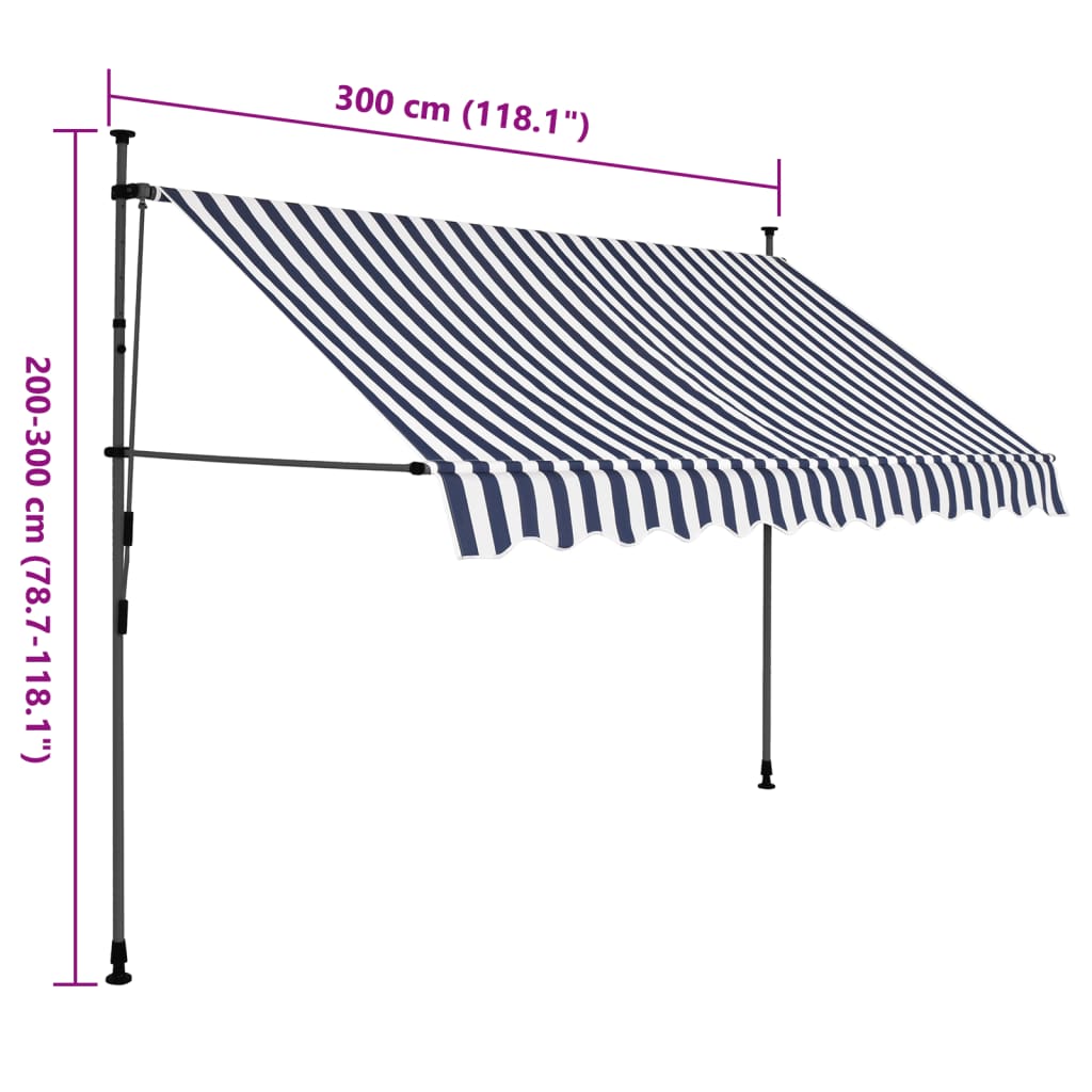 Manual retractable awning with LED 300 cm blue and white