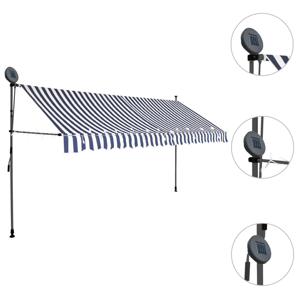 Manual retractable awning with LED 350 cm blue and white