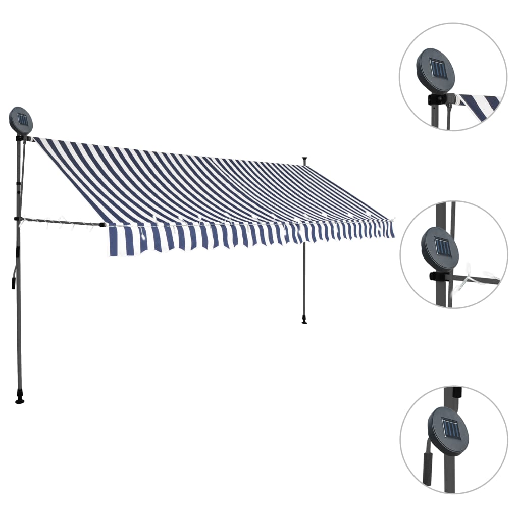 Manual retractable awning with LED 400 cm blue and white