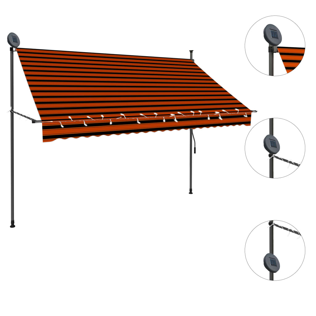 Manual retractable awning with LED 250 cm orange and brown