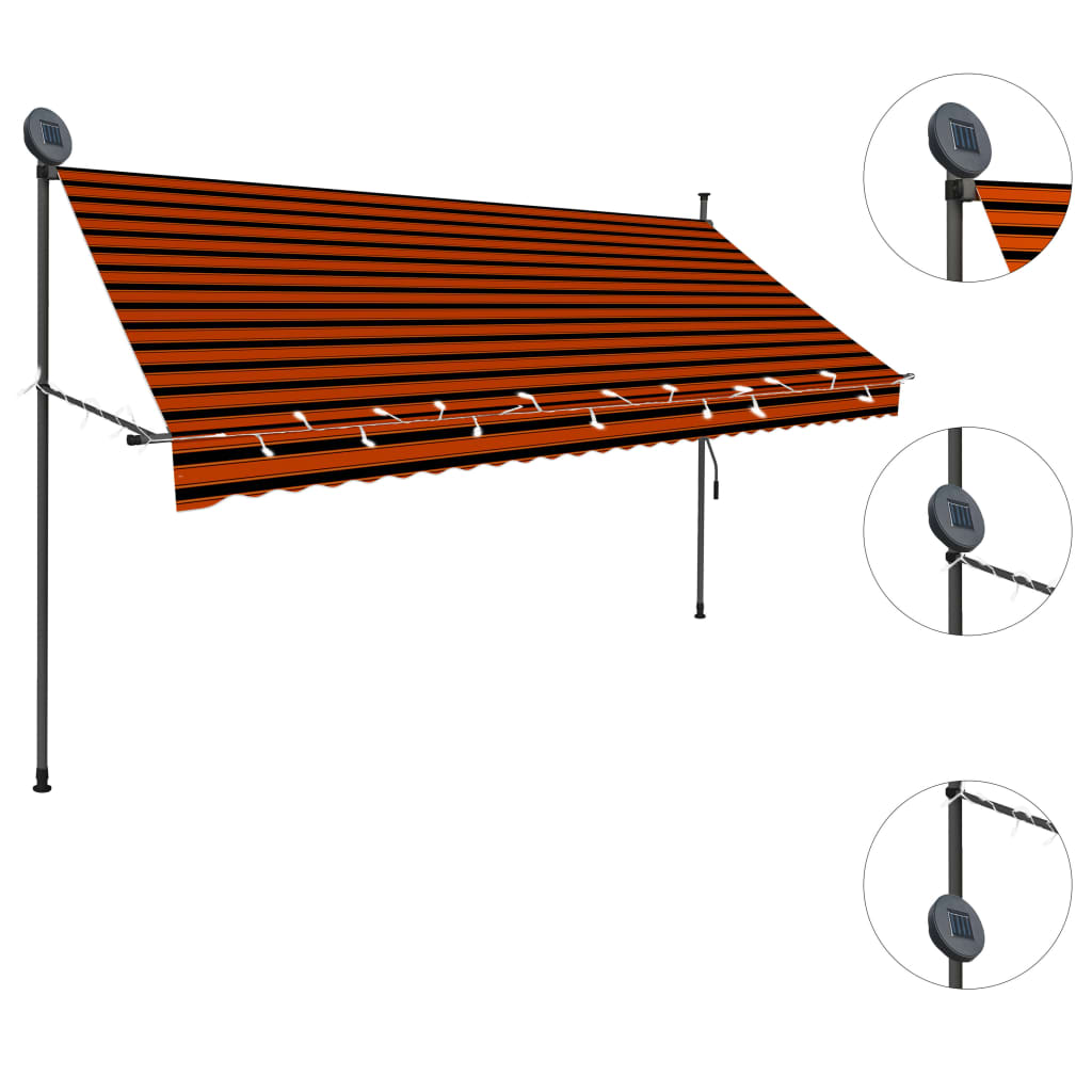 Manual retractable awning with LED 300 cm orange and brown