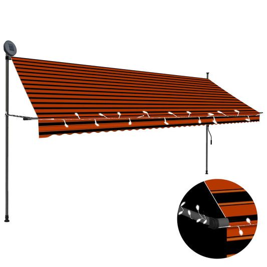 Manuell uttrekkbar markise med LED 400 cm oransje og brun