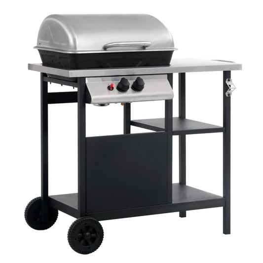 Gassgrill med sidebord i 3 etasjer svart og sølv