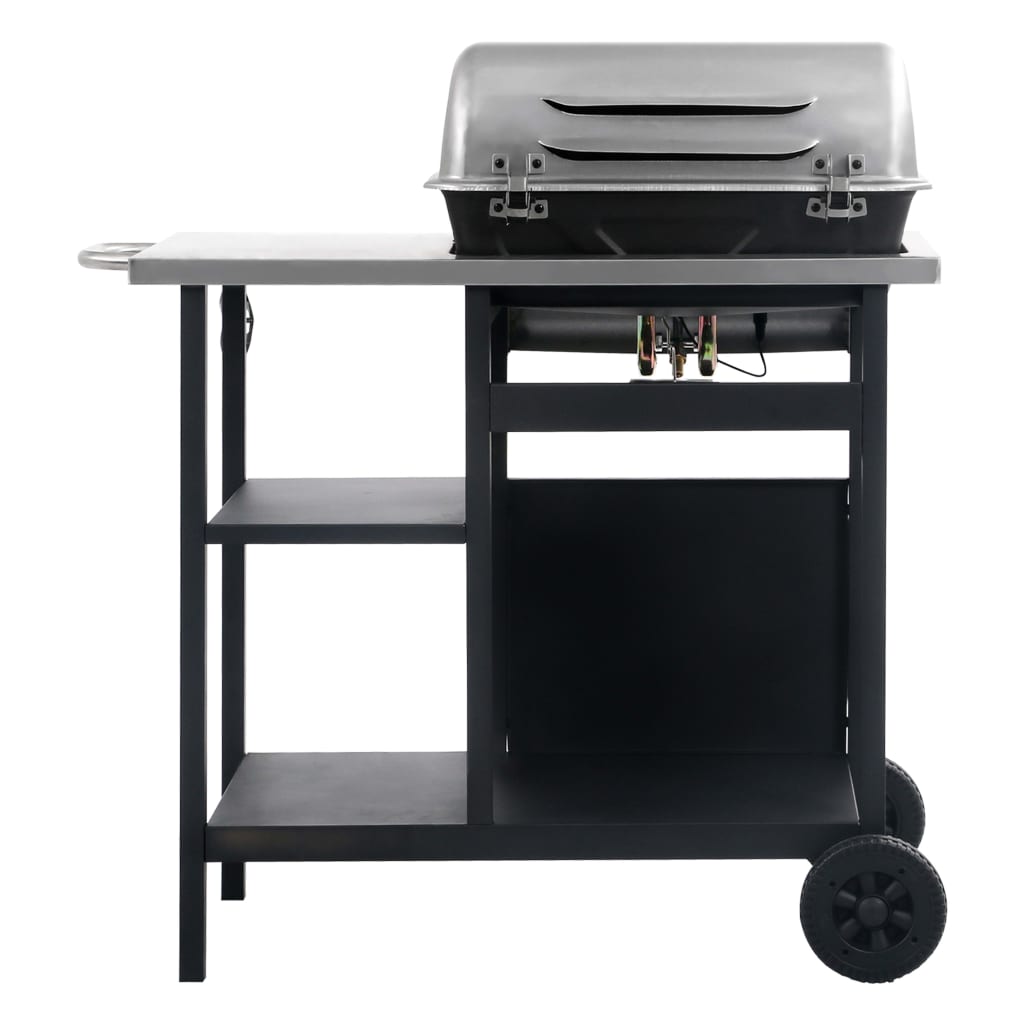Gassgrill med sidebord i 3 etasjer svart og sølv