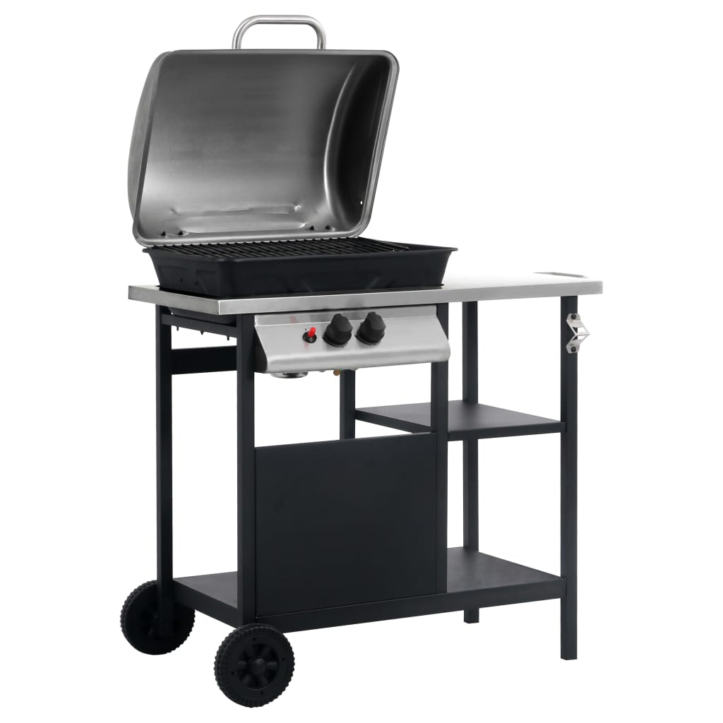 Gassgrill med sidebord i 3 etasjer svart og sølv