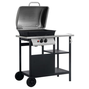 Gassgrill med sidebord i 3 etasjer svart og sølv