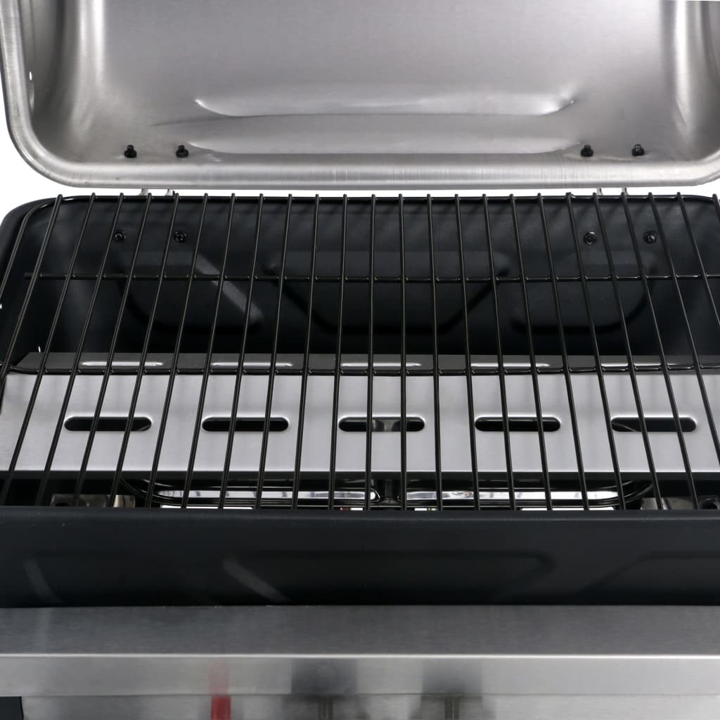 Gassgrill med sidebord i 3 etasjer svart og sølv