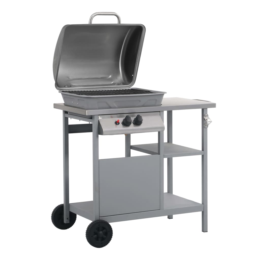 Gassgrill med sidebord i 3 etasjer sølv