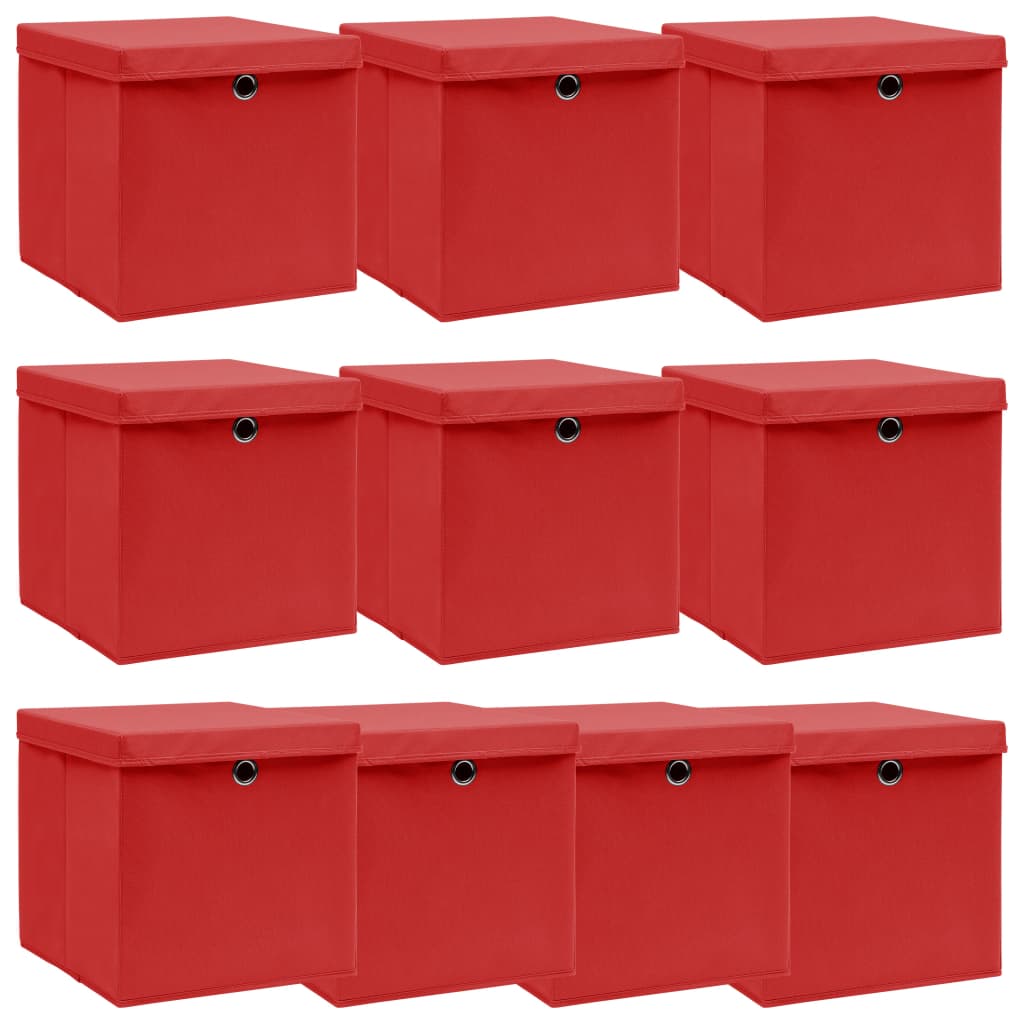 Oppbevaringsbokser med lokk 10 stk rød 32x32x32 cm stoff