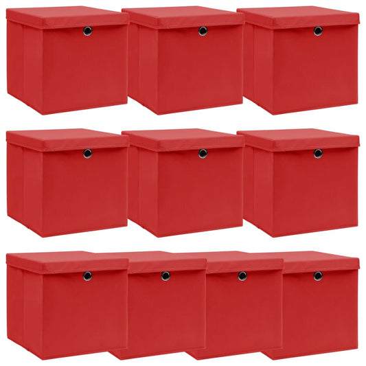 Oppbevaringsbokser med lokk 10 stk rød 32x32x32 cm stoff