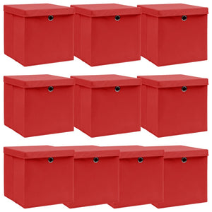 Oppbevaringsbokser med lokk 10 stk rød 32x32x32 cm stoff