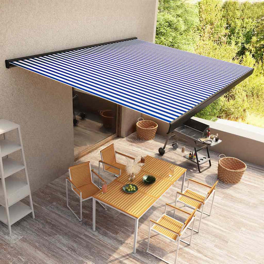 Motorisert kassettmarkise 500x300 cm blå og hvit