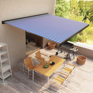 Motorisert kassettmarkise 500x300 cm blå og hvit