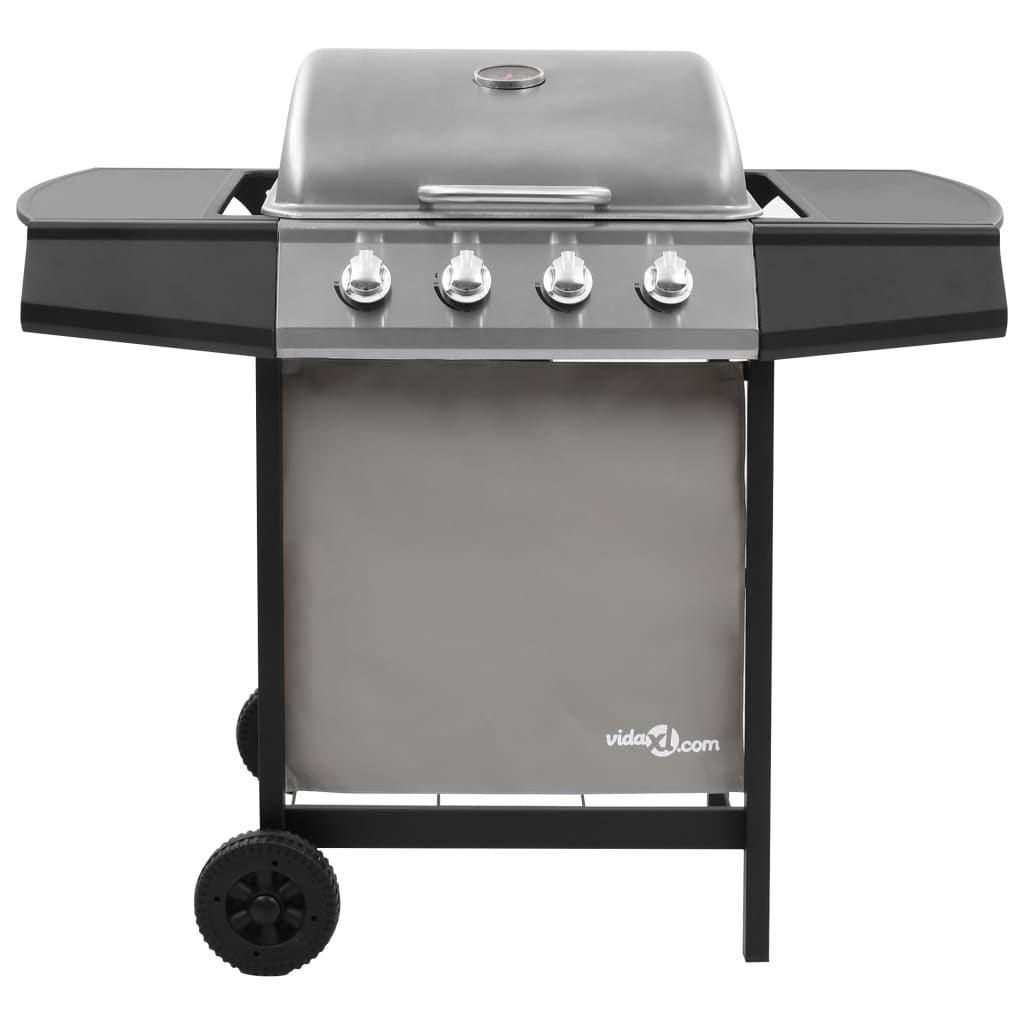 Gassgrill med 4 brennere svart og sølv