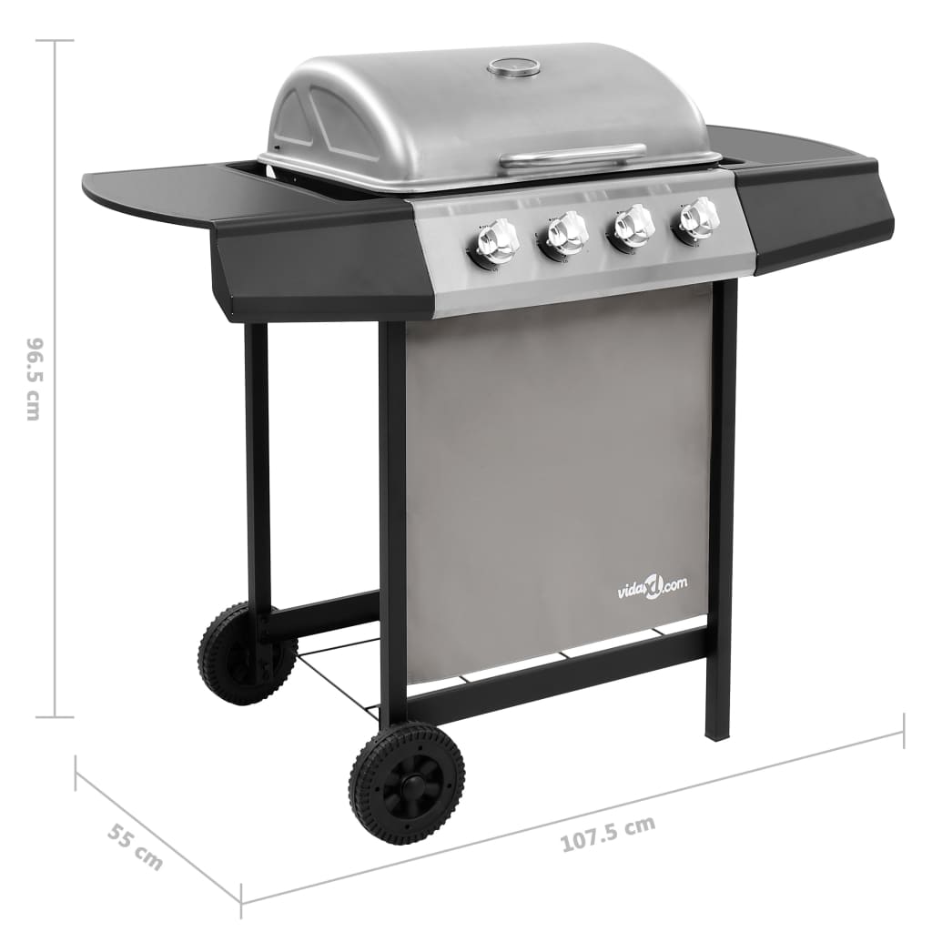 Gassgrill med 4 brennere svart og sølv