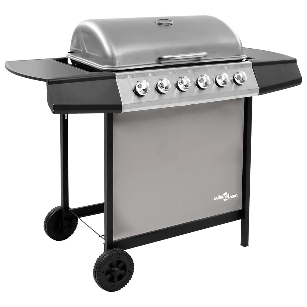 Gassgrill med 6 brennere svart og sølv
