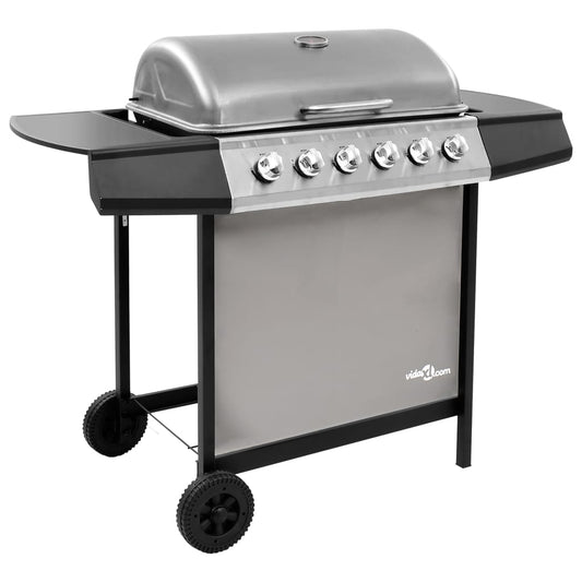 Gassgrill med 6 brennere svart og sølv