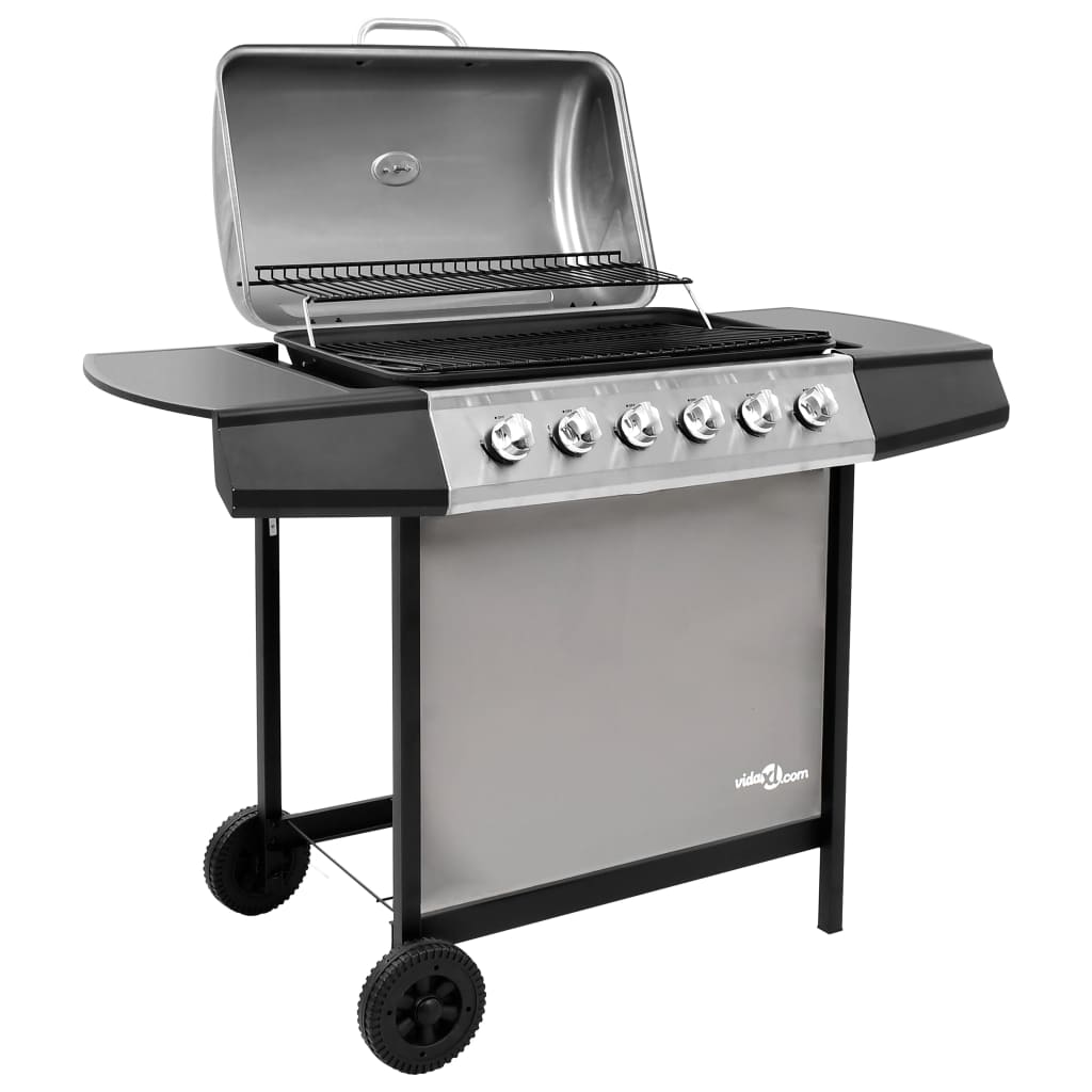 Gassgrill med 6 brennere svart og sølv
