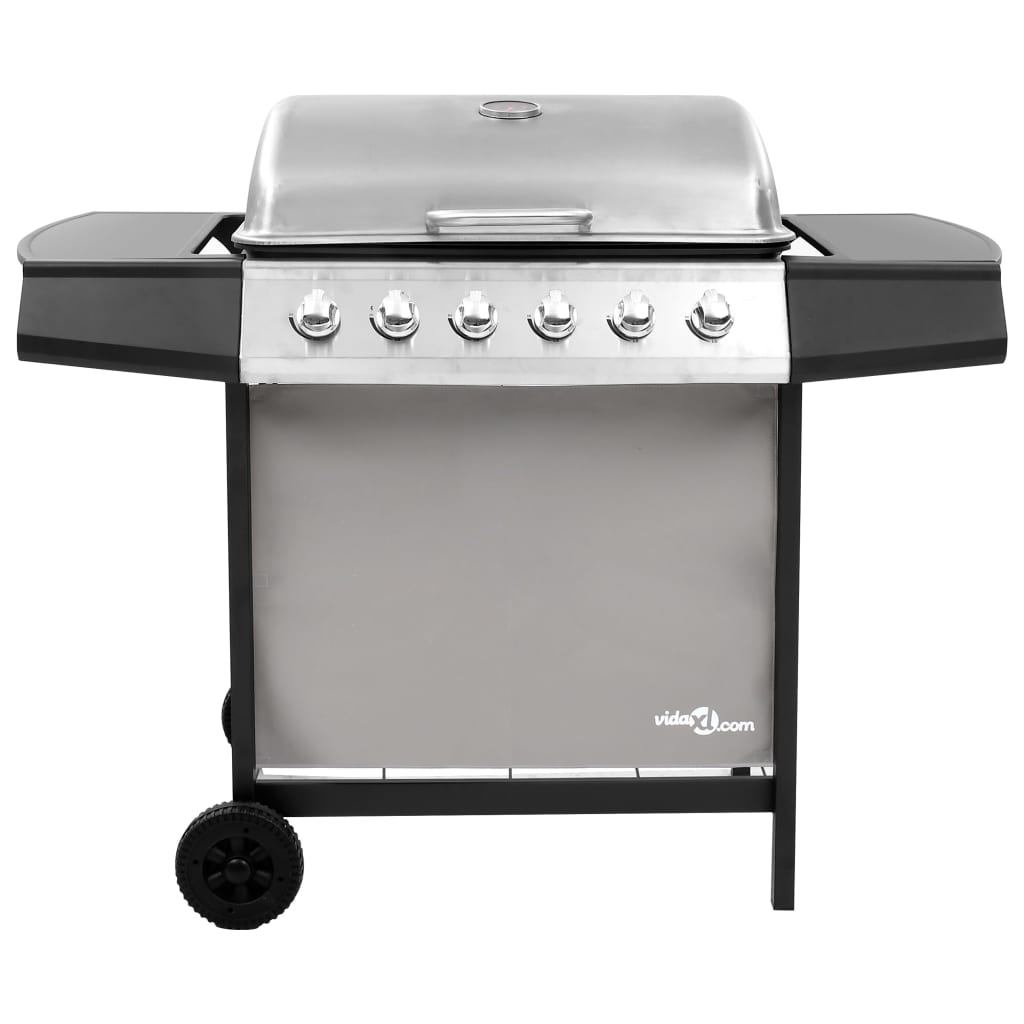 Gassgrill med 6 brennere svart og sølv
