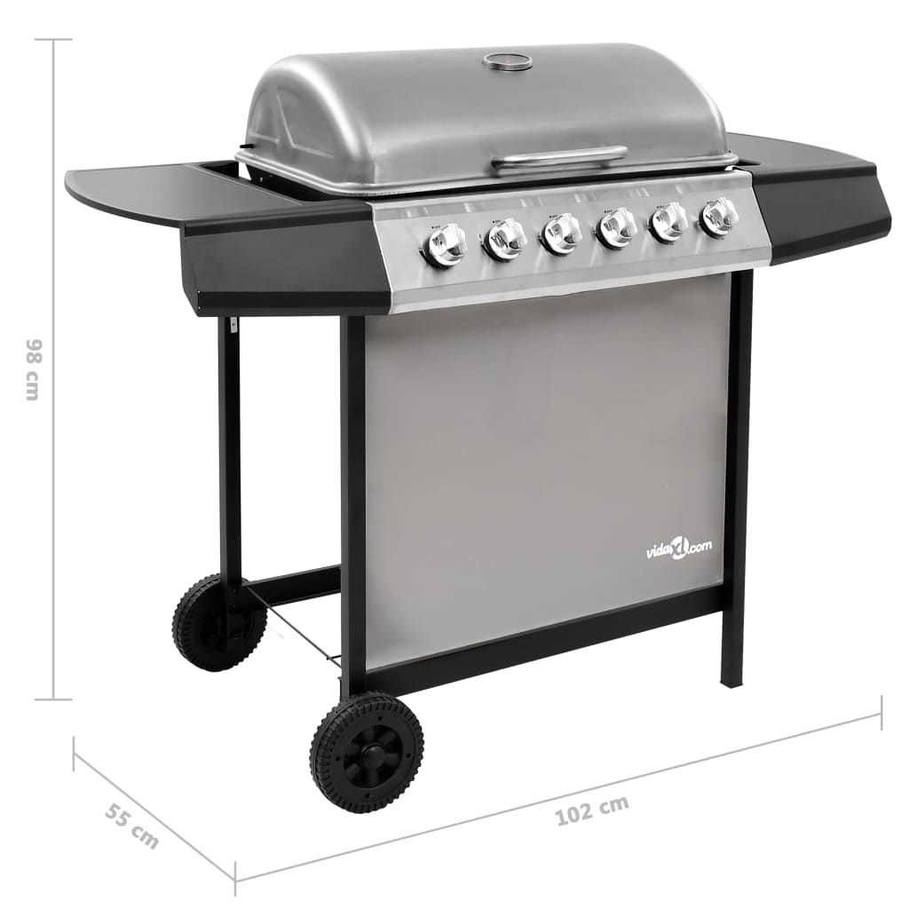 Gassgrill med 6 brennere svart og sølv