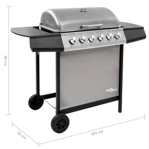 Gassgrill med 6 brennere svart og sølv