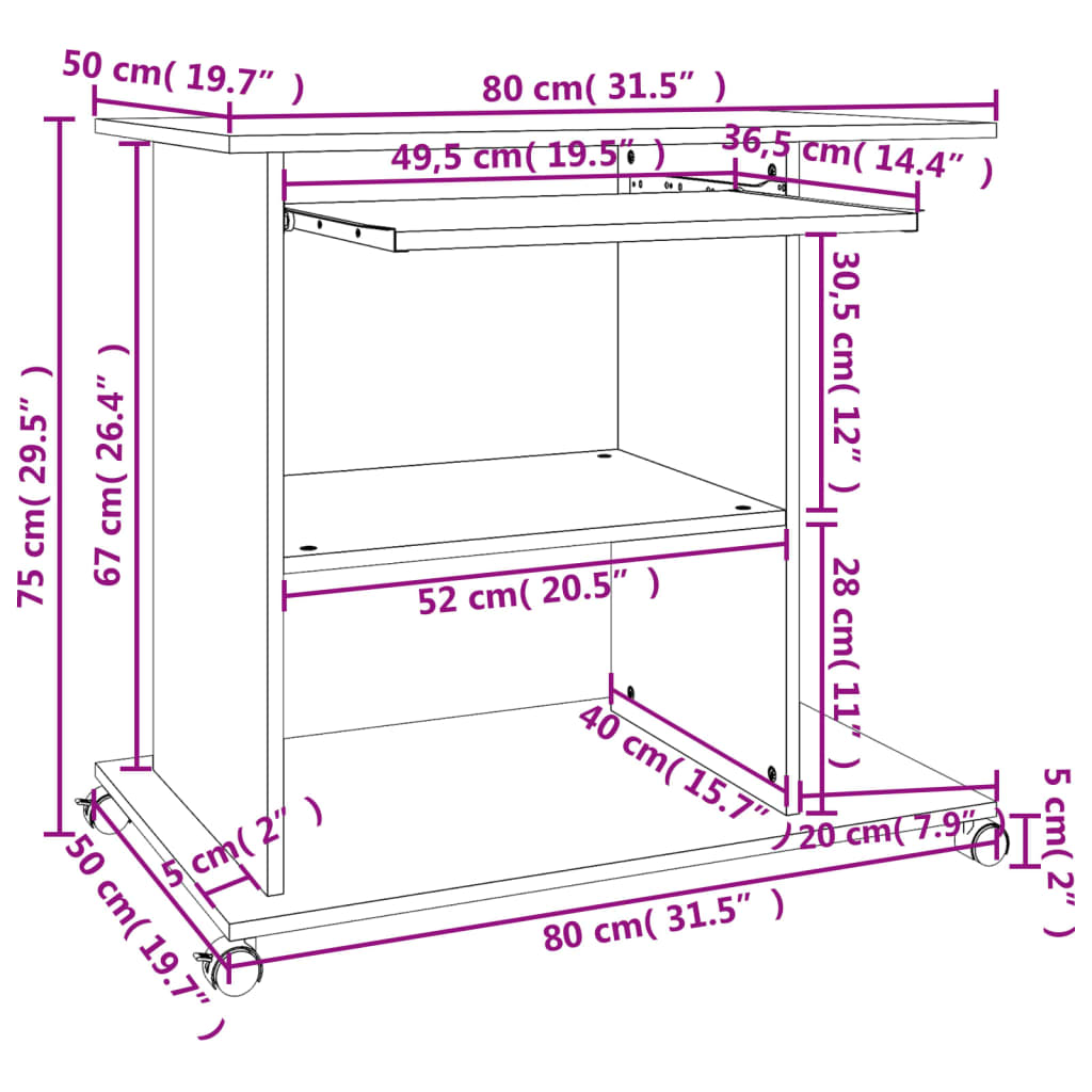 Databord betonggrå 80x50x75 cm konstruert tre