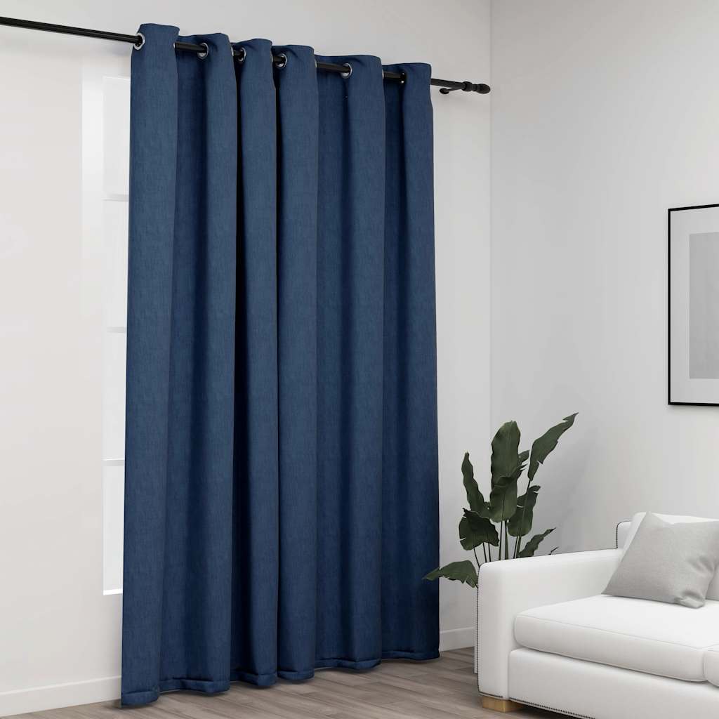 Lystette gardiner med maljer og lin-design blå 290x245 cm