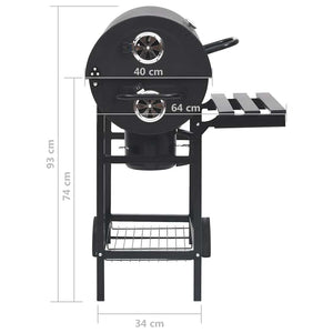 Tønnegrill med hjul og hyller svart stål 115x85x95 cm