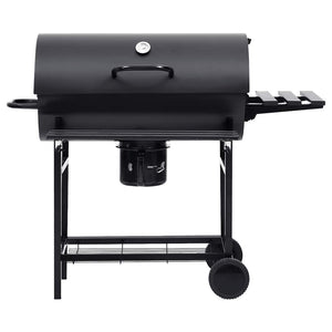 Tønnegrill med hjul og hyller svart stål 115x85x95 cm