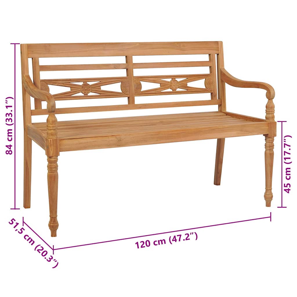 Batavia benk med grå pute 120 cm heltre teak