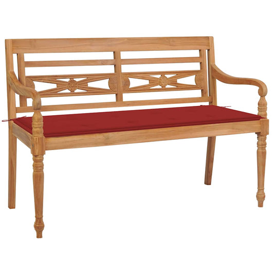 Batavia benk med røde pute 120 cm heltre teak