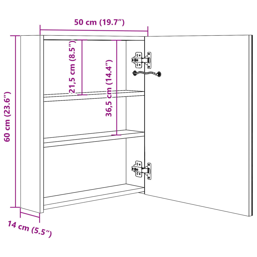 LED-speilskap til bad hvit og eik 50x14x60 cm