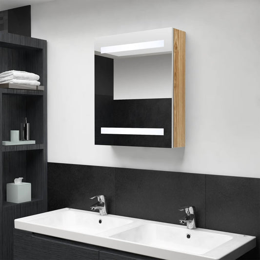 LED-speilskap til bad hvit og eik 50x14x60 cm