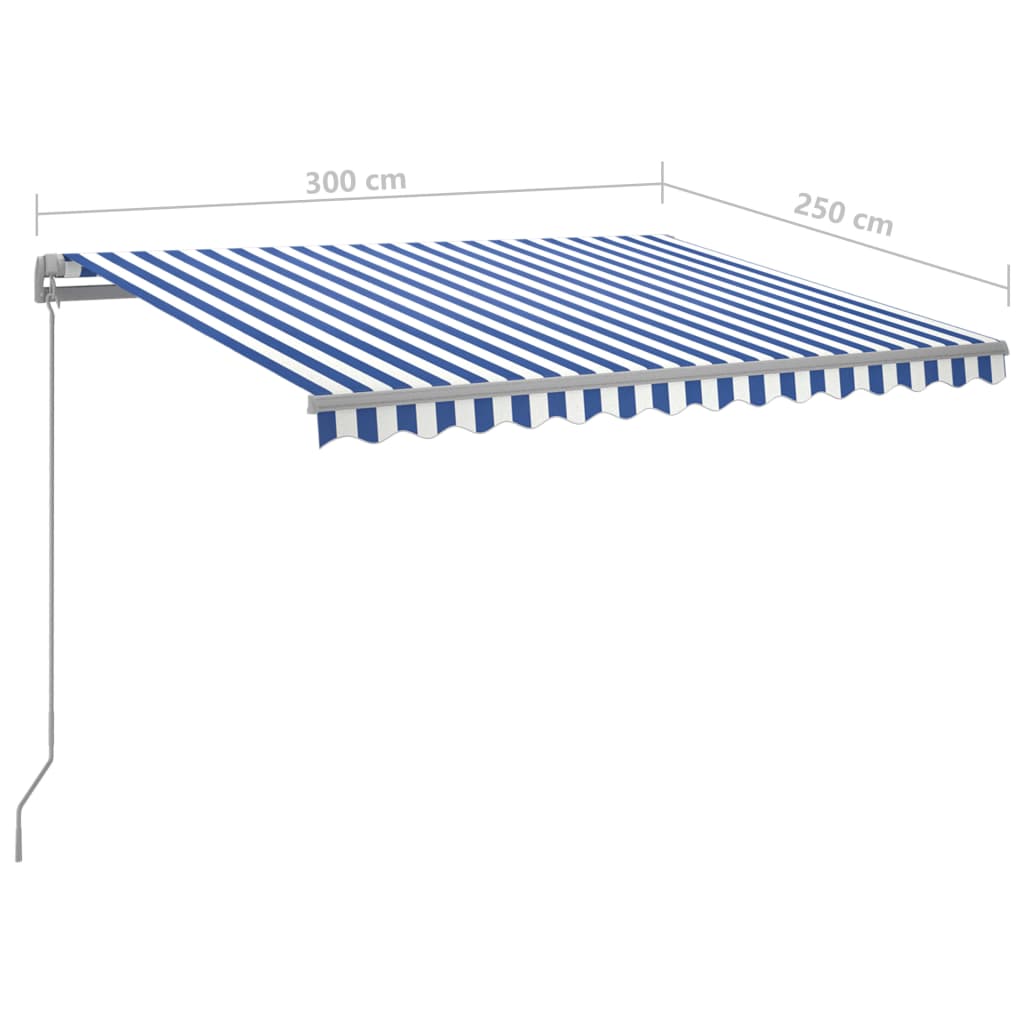 Manual retractable awning with LED 300x250 cm blue and white