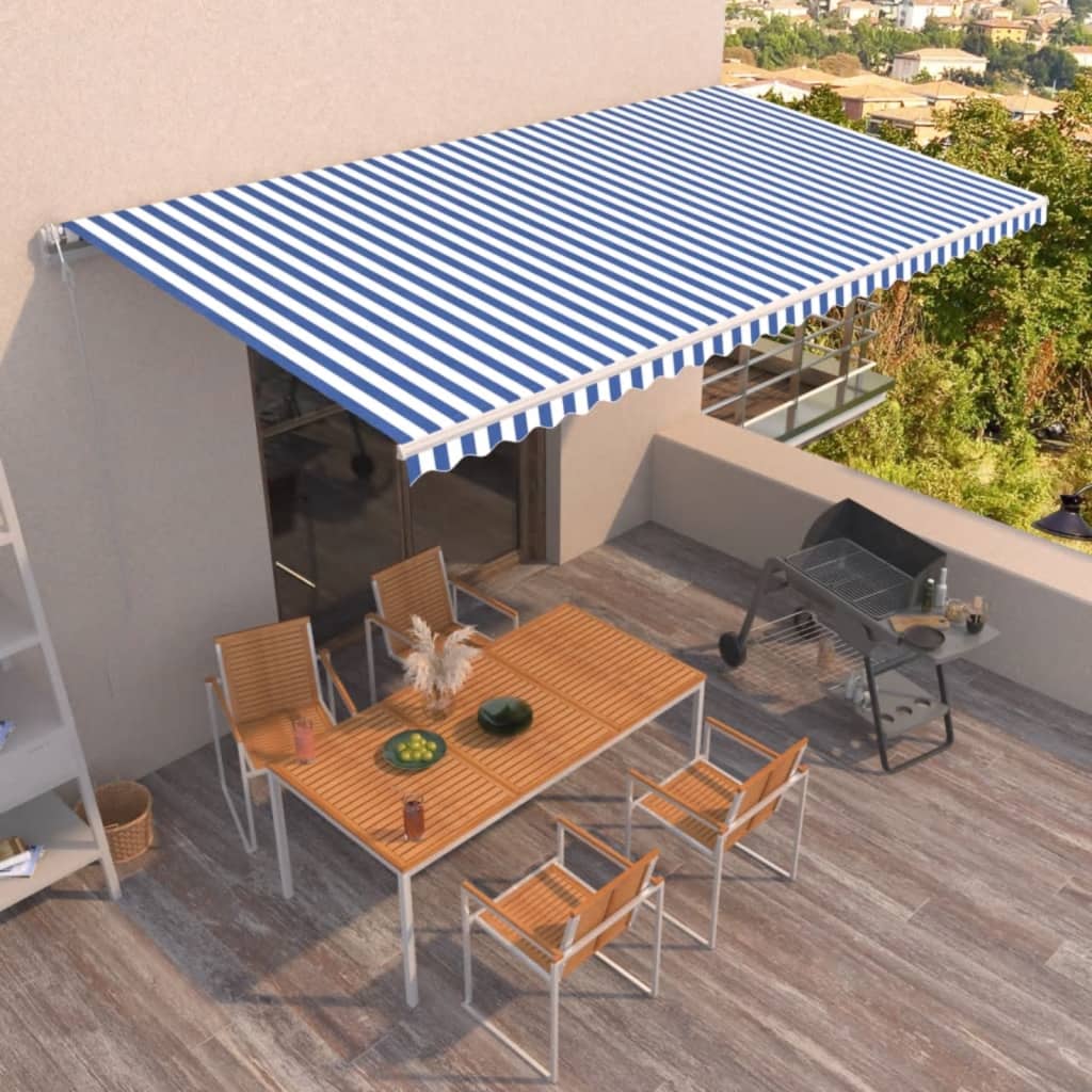 Automatisk uttrekkbar markise 600x350 cm blå og hvit