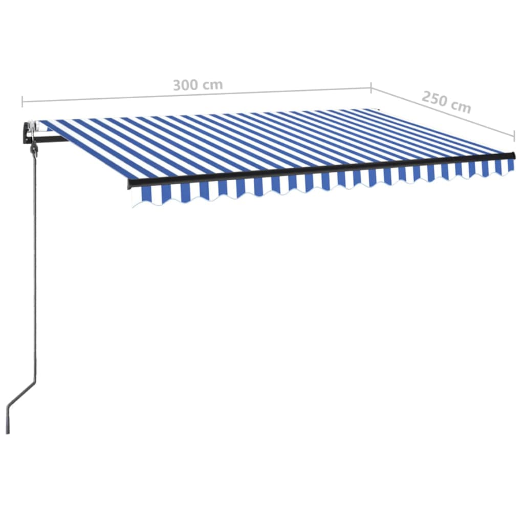 Automatisk markise med LED og vindsensor 300x250 cm blå og hvit