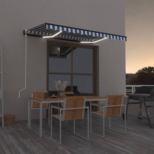 Automatisk markise med LED og vindsensor 300x250 cm blå og hvit