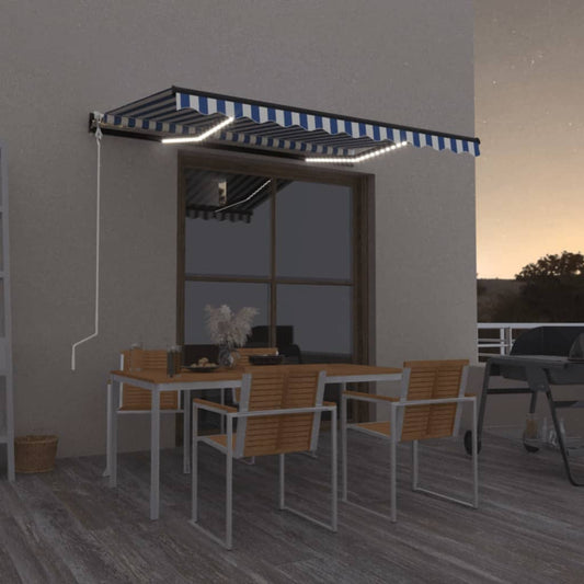 Automatisk markise med LED og vindsensor 350x250 cm blå og hvit