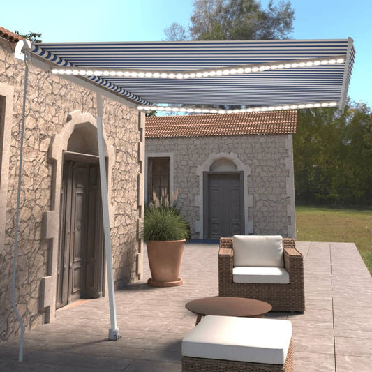 Manual retractable awning with LED 300x250 cm blue and white