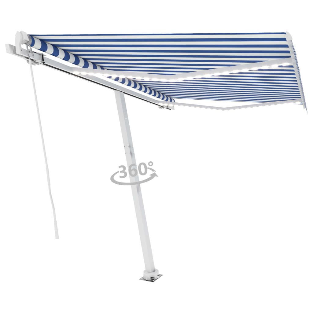 Manual retractable awning with LED 350x250 cm blue and white