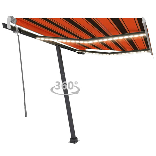 Manuell uttrekkbar markise med LED 300x250 cm oransje og brun