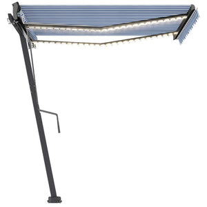 Automatisk markise med LED og vindsensor 300x250 cm blå og hvit