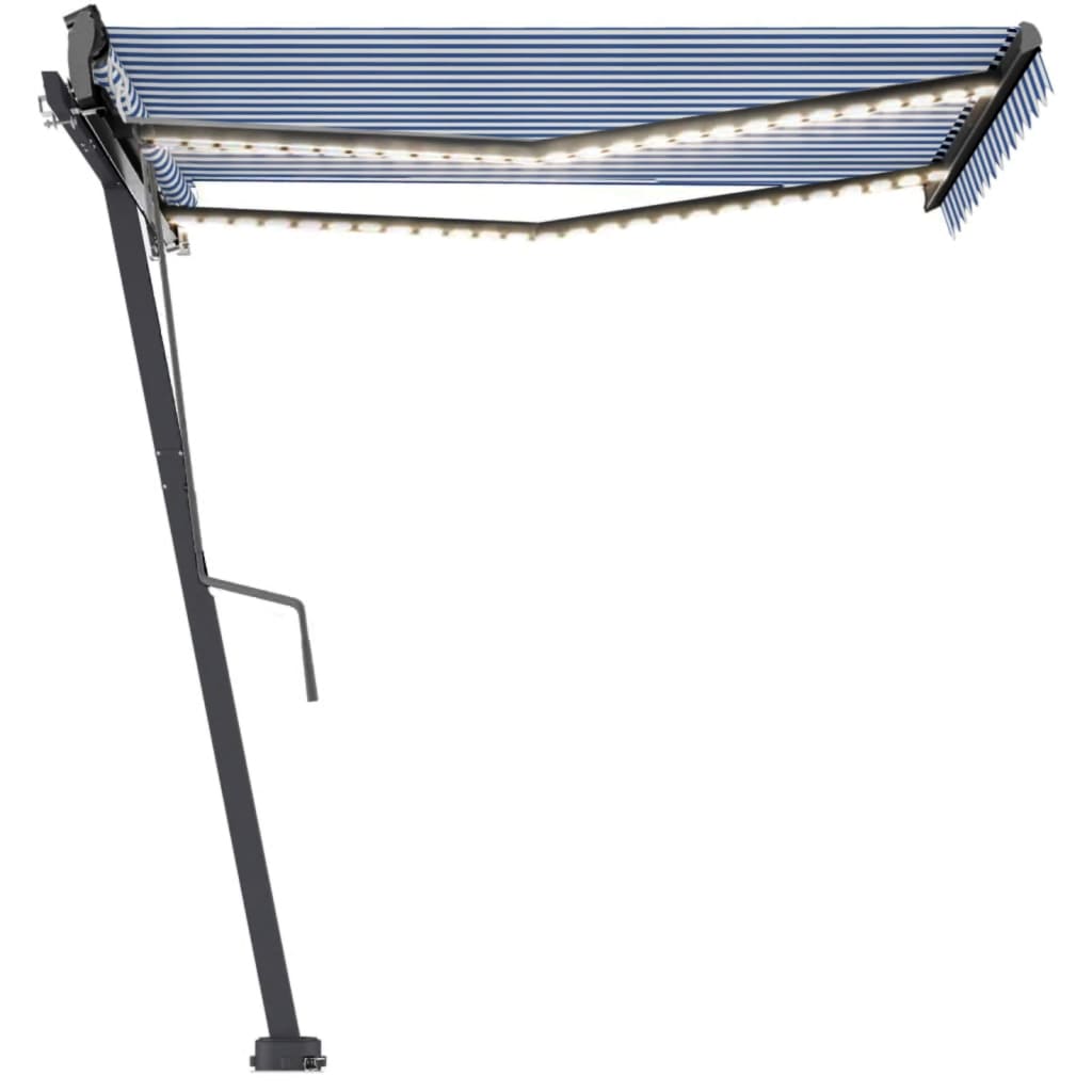 Automatisk markise med LED og vindsensor 350x250 cm blå og hvit